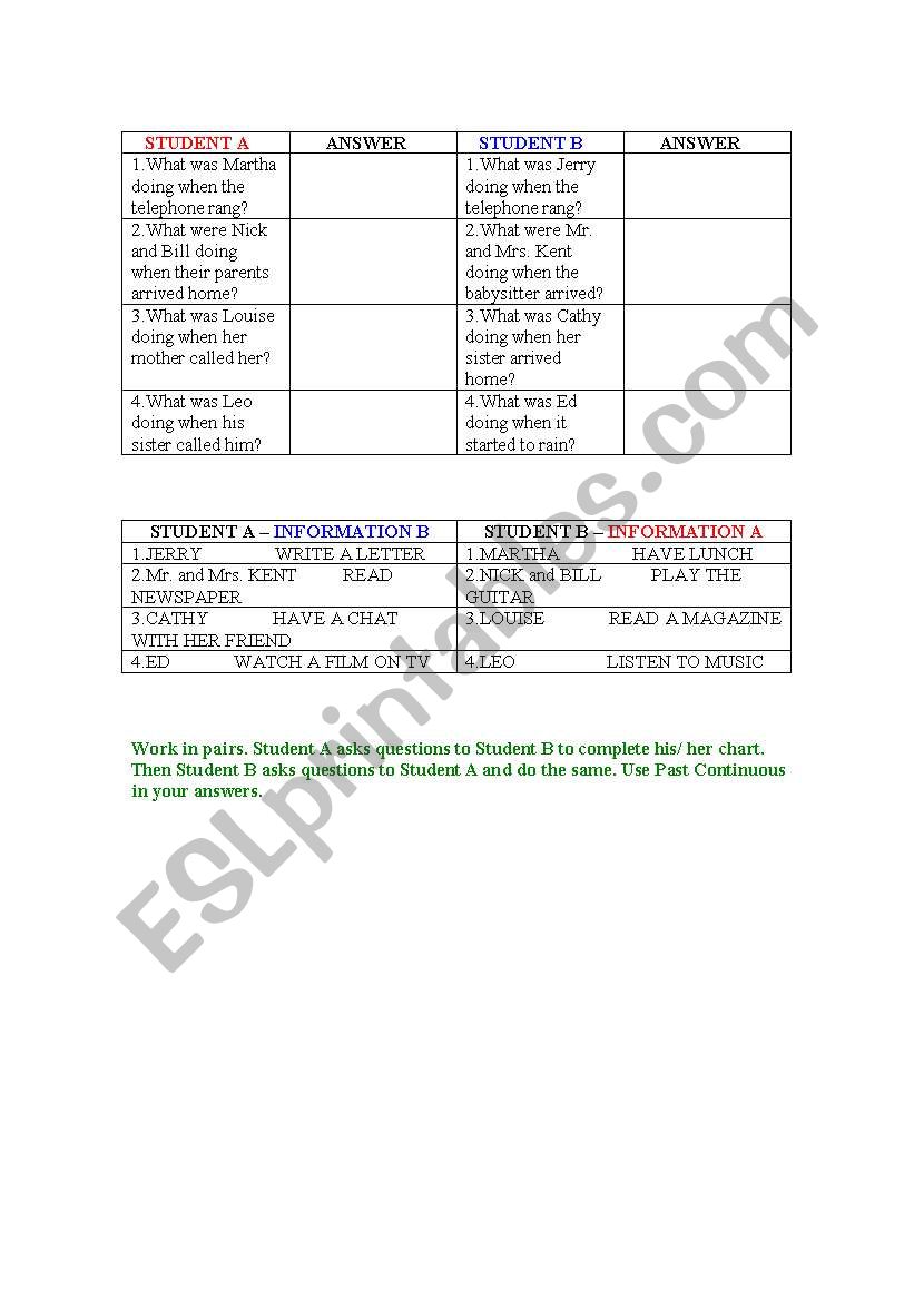 Speaking in pairs worksheet