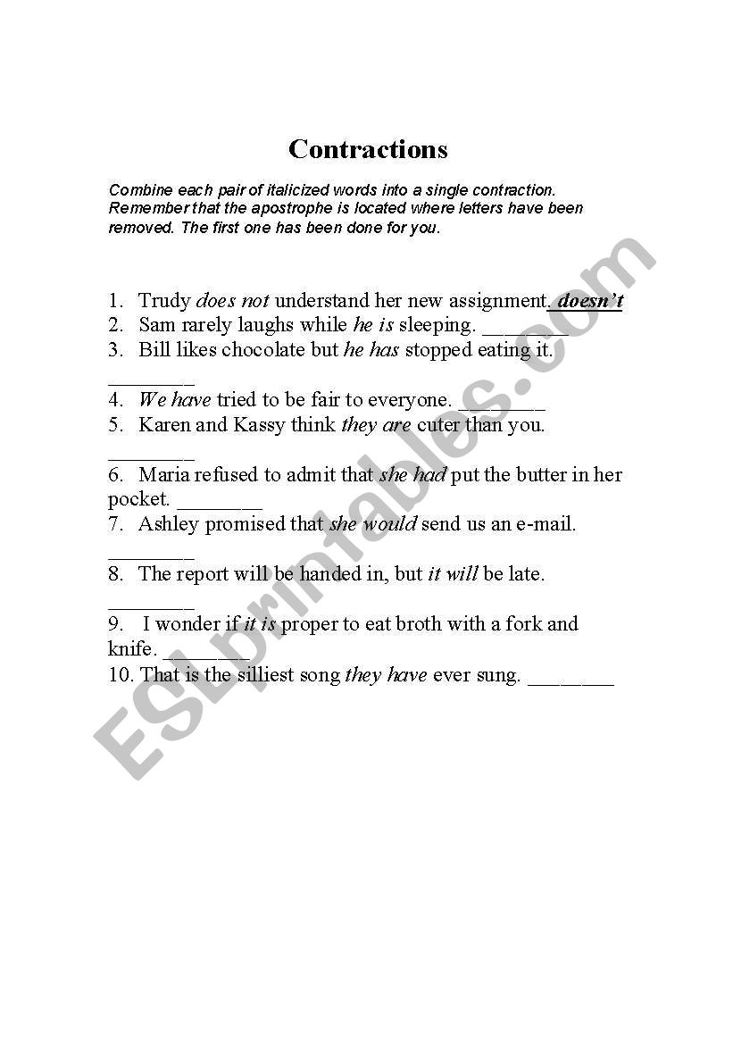 Contractions worksheet