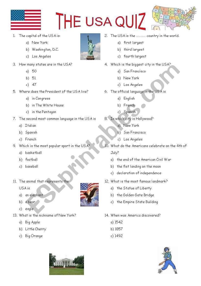 Usa Quiz Esl Worksheet By Veroniq