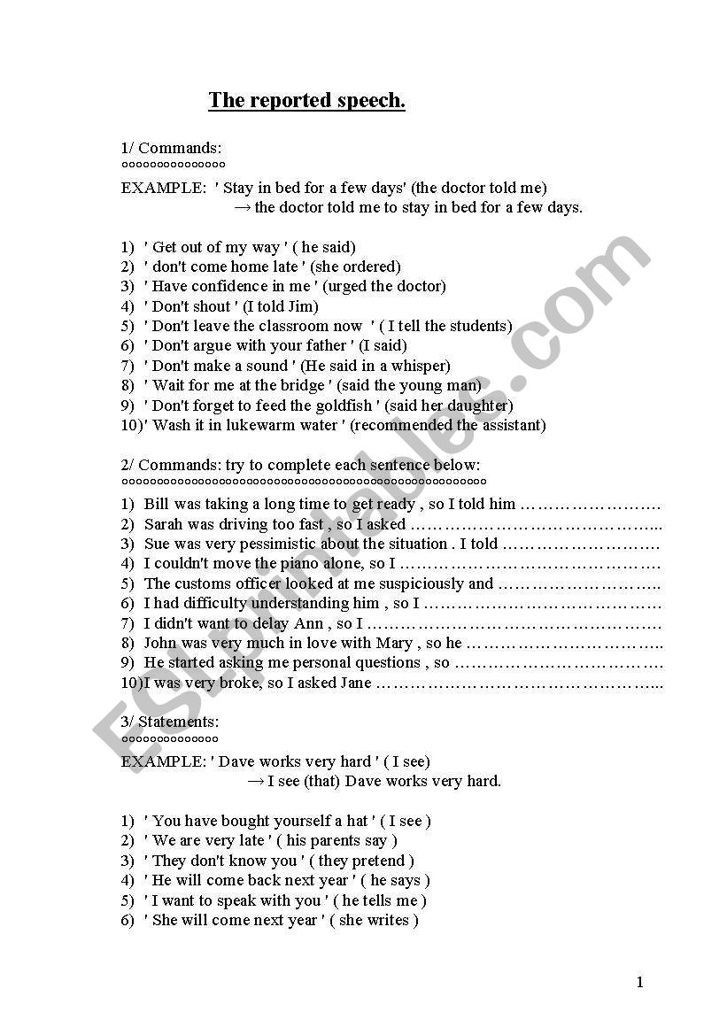 reported speech (1) worksheet