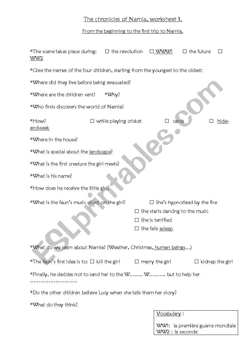 Narnia worksheet 1 worksheet