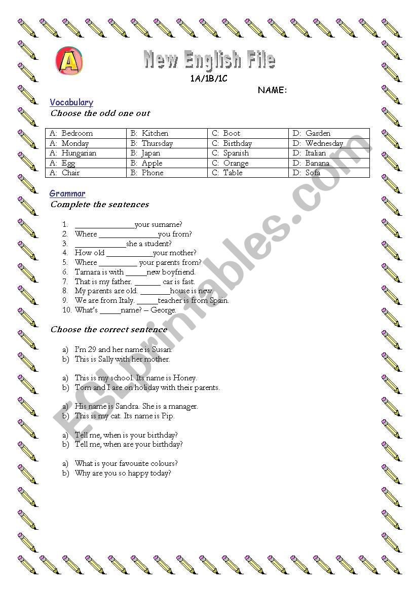 ElementaryTest - to be / possessive adjectives