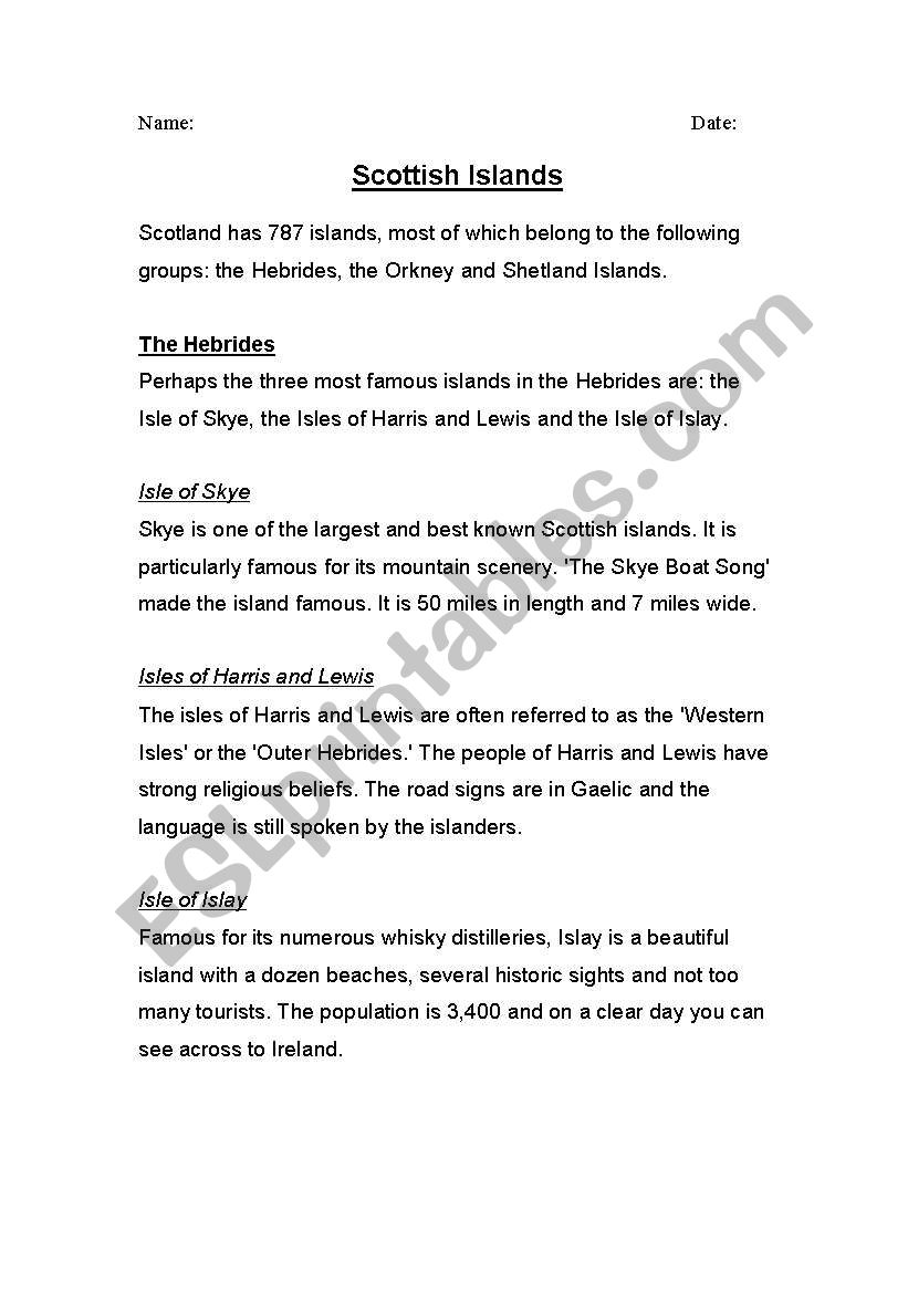 Scottish Islands worksheet