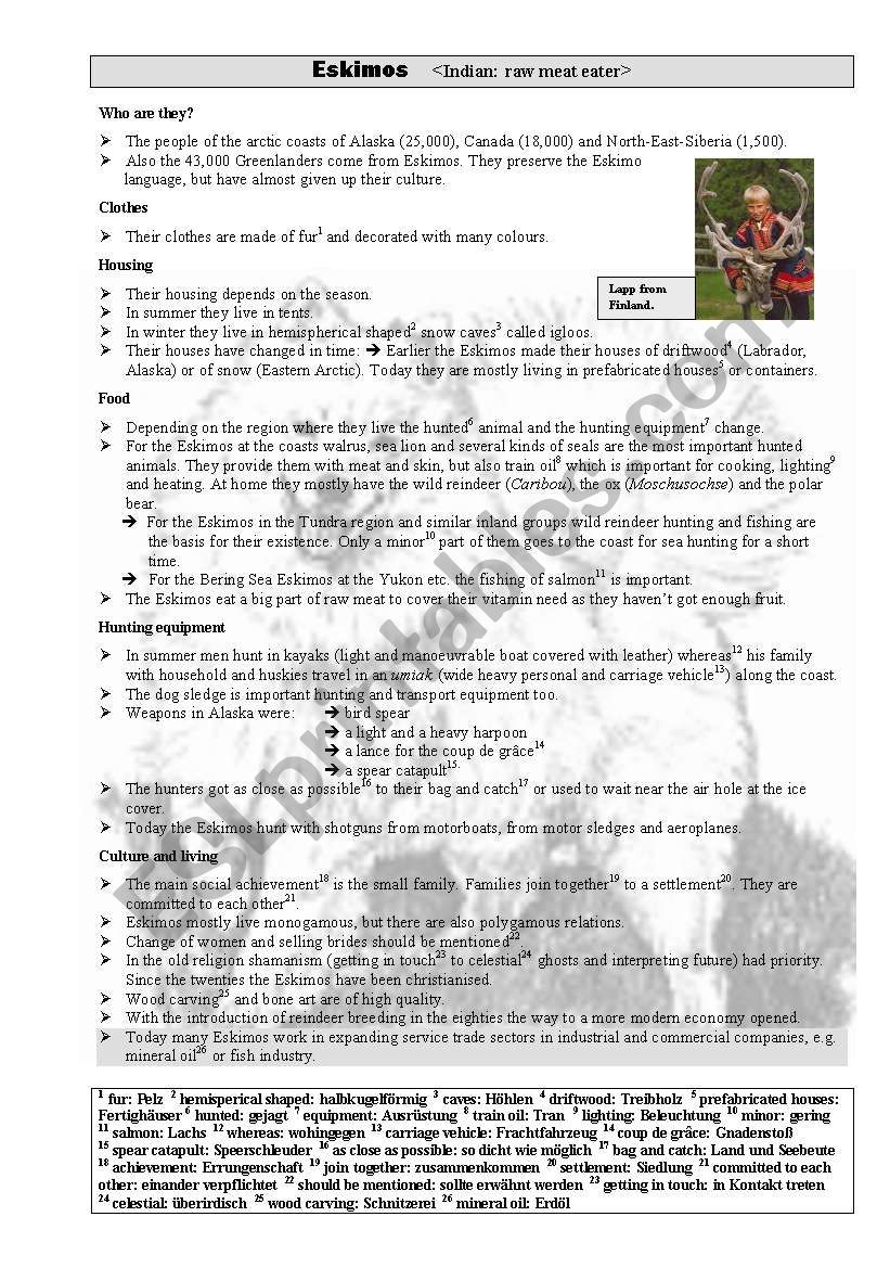 Eskimos worksheet