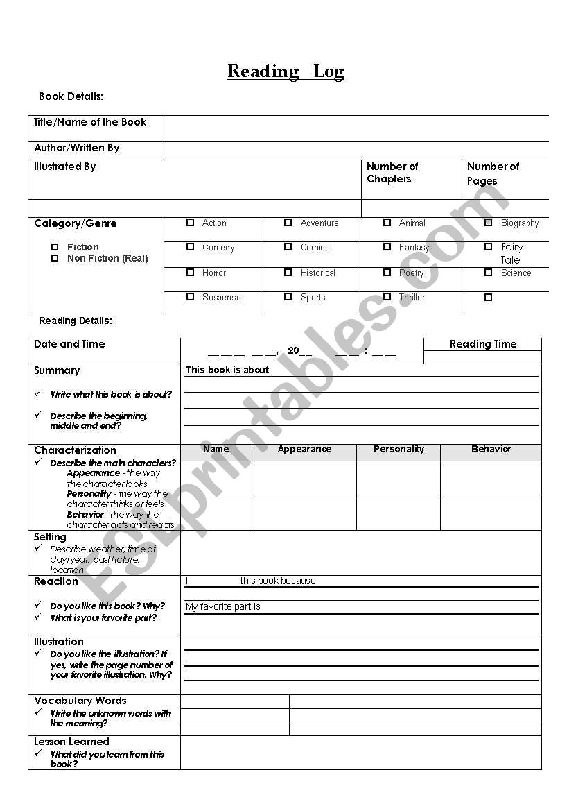 Reading Log worksheet