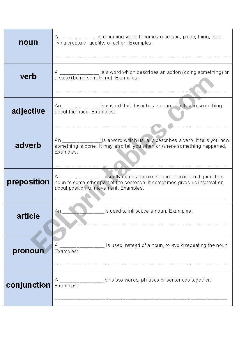 parts of speech matching worksheet