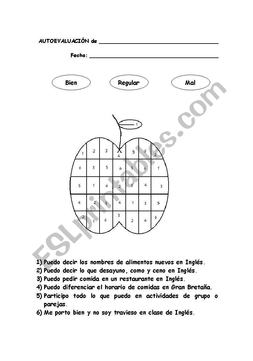 Self-evaluation. Topic: food worksheet