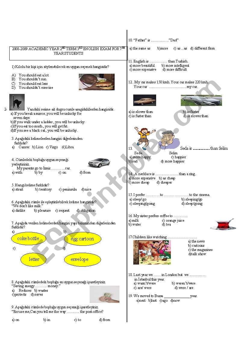 7th year 3rd exam worksheet