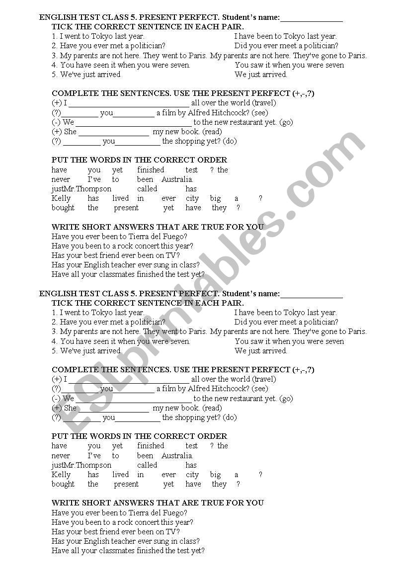 Present Perfect Quiz worksheet