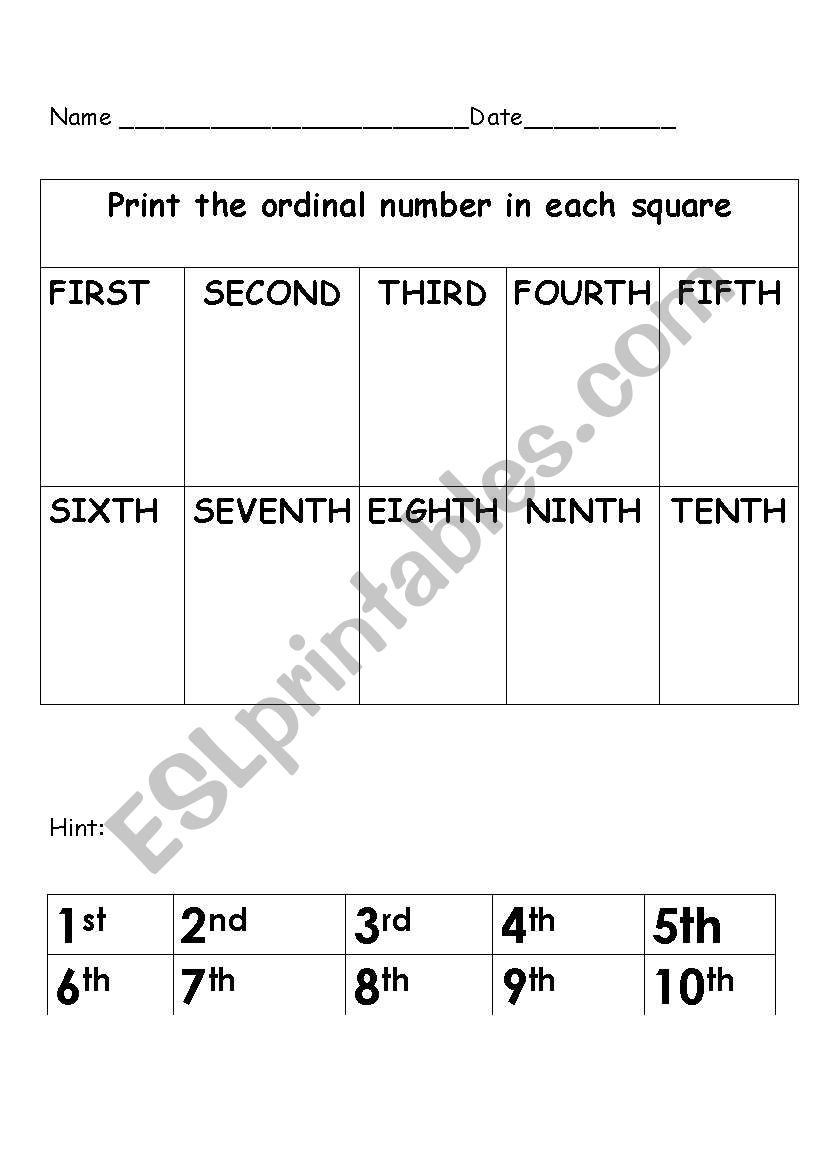 ordinal numbers worksheet