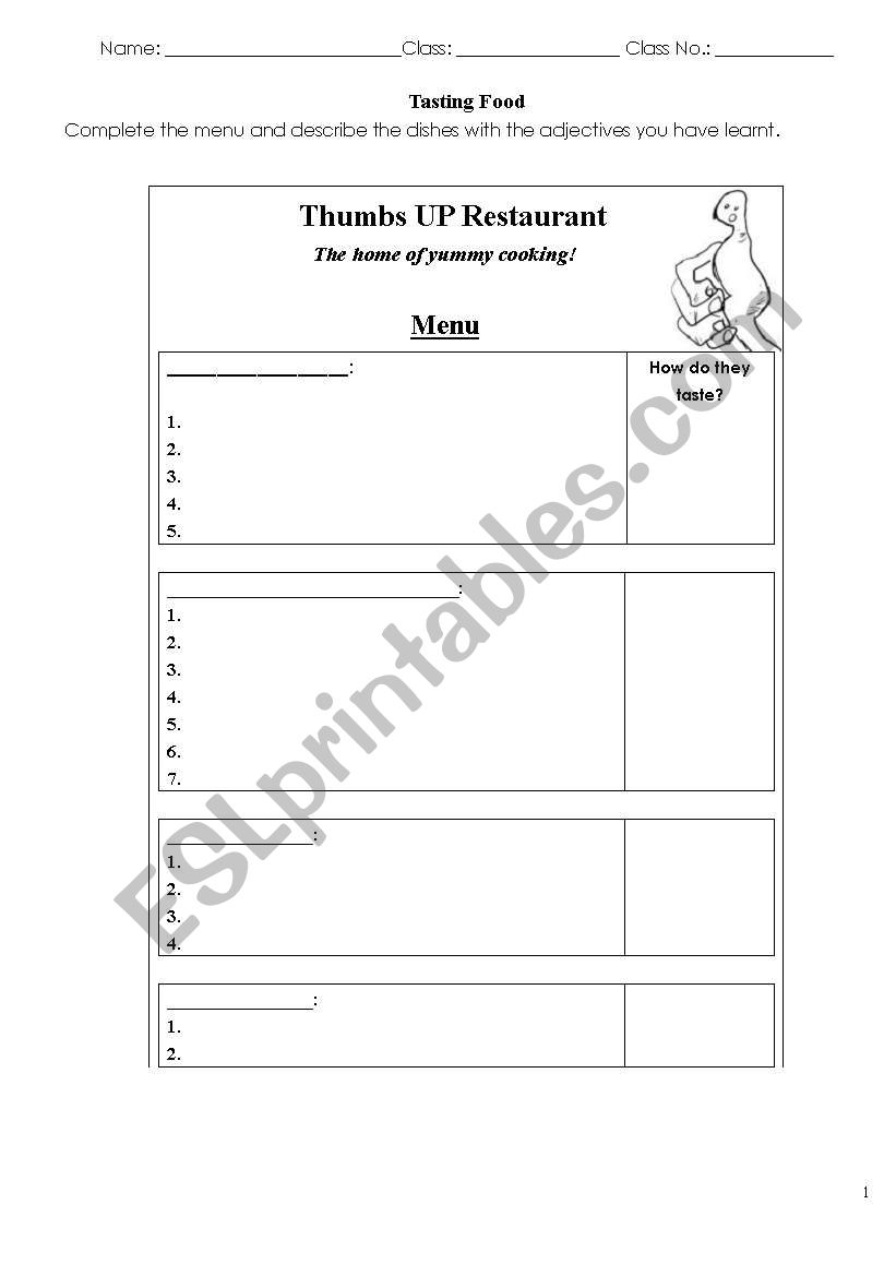 A Sample Restaurant Menu worksheet