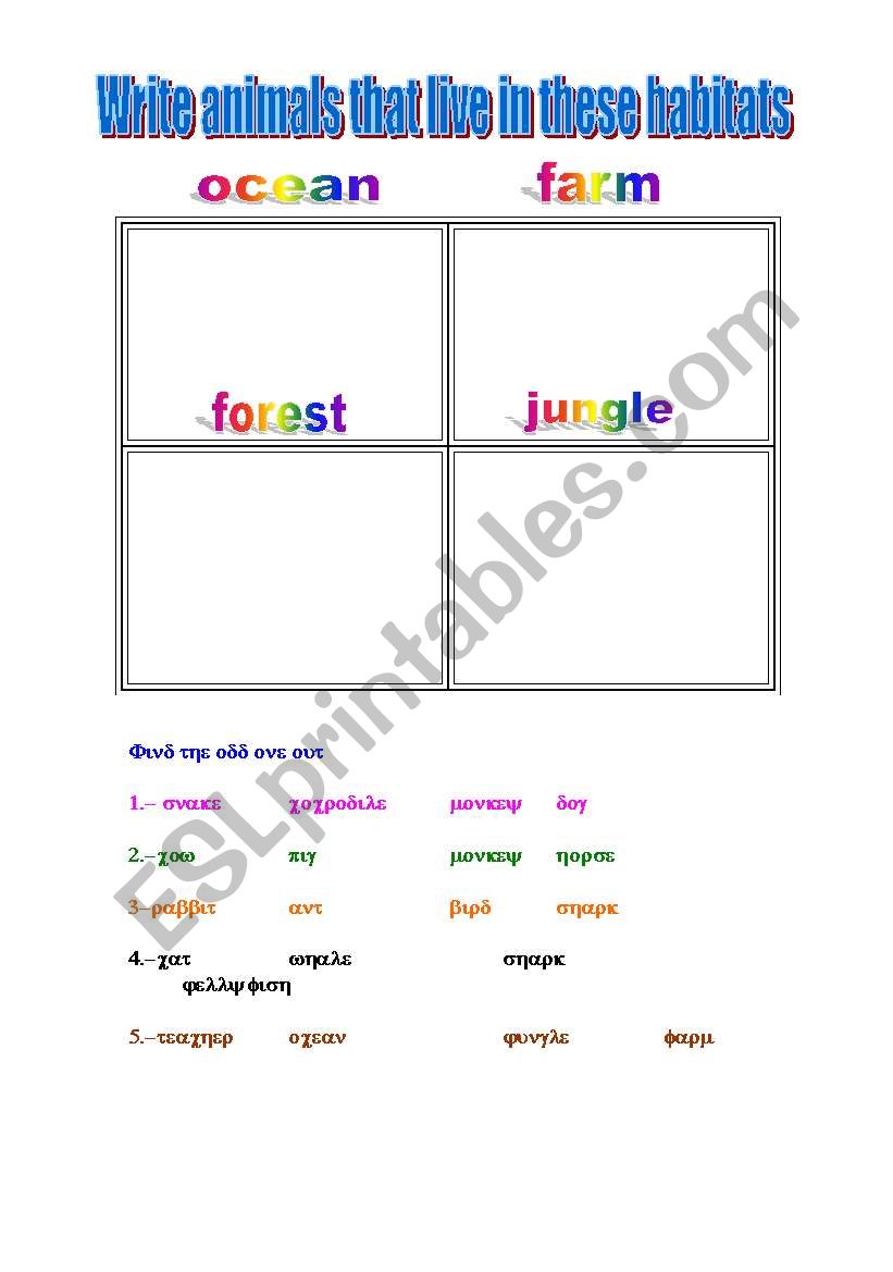 Animals and their habitats worksheet