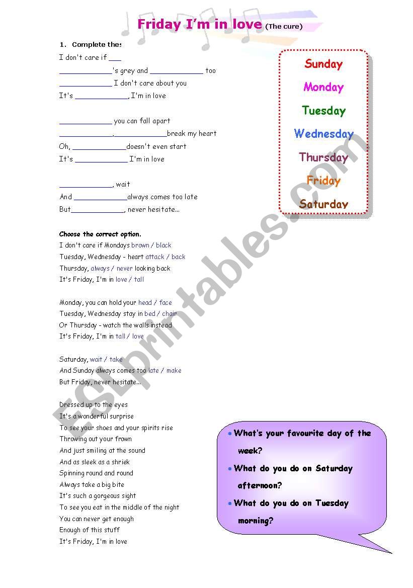 Friday Im in love worksheet