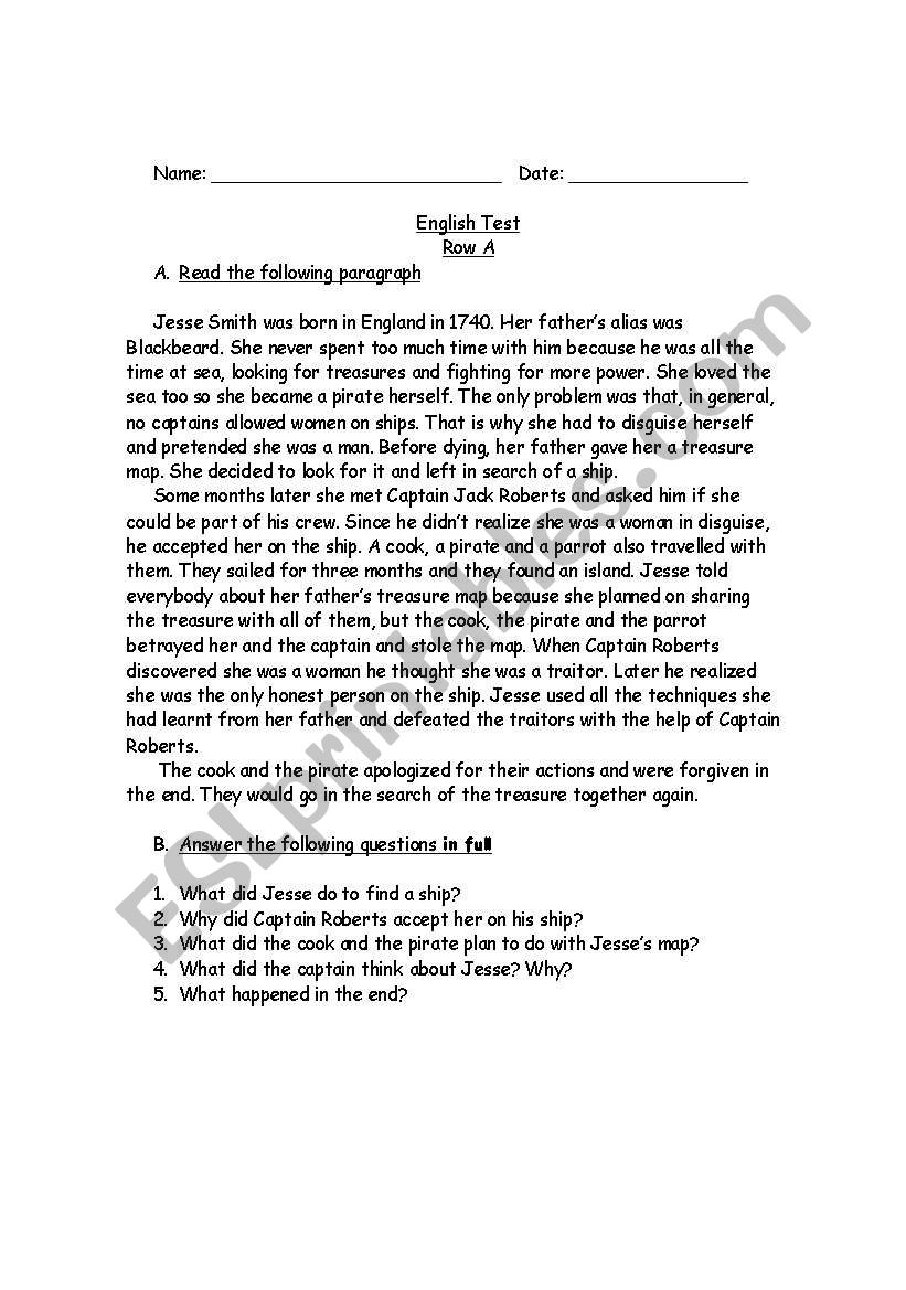 A pirates Story worksheet