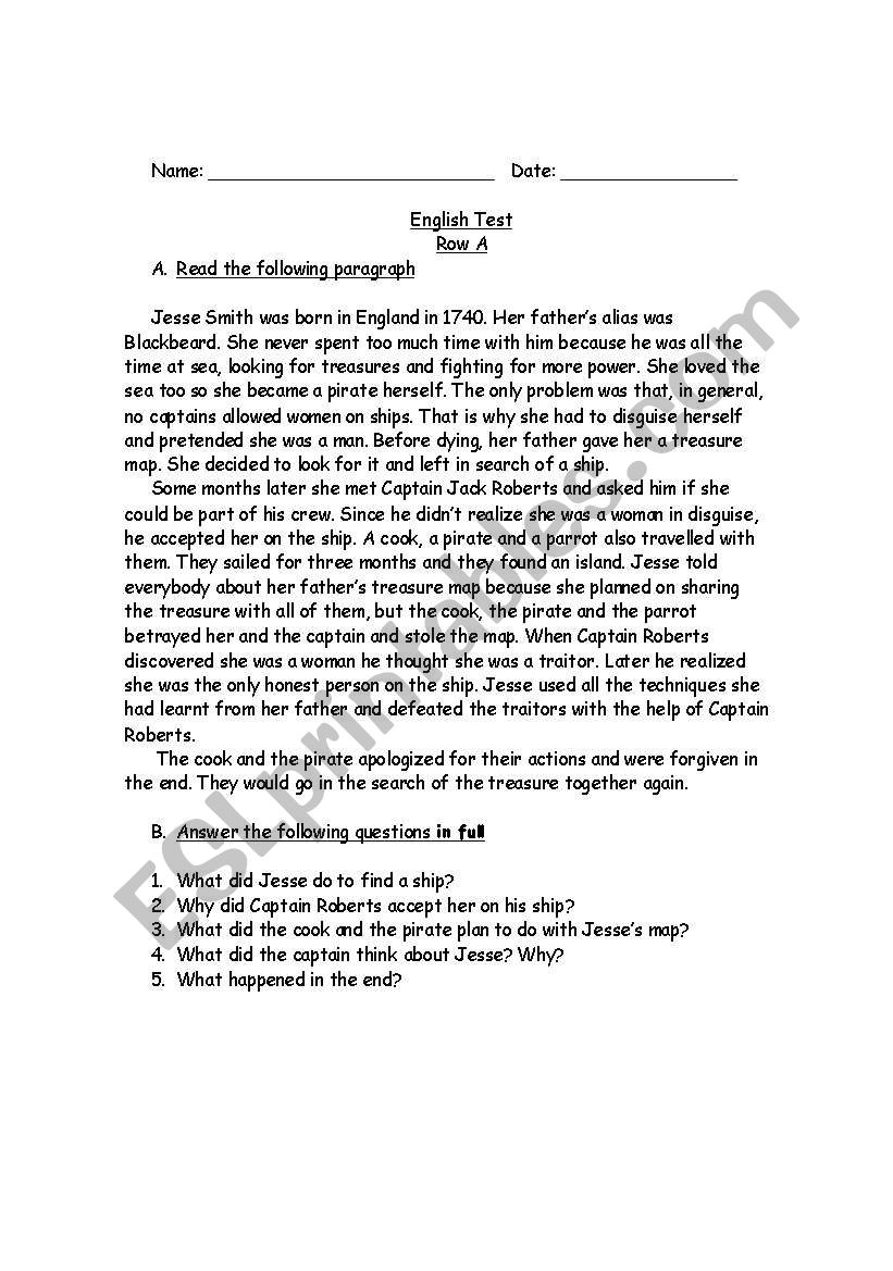 A pirateÂ´s Story worksheet