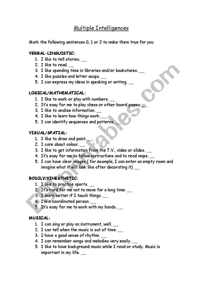 Multiple Intelligences Test worksheet