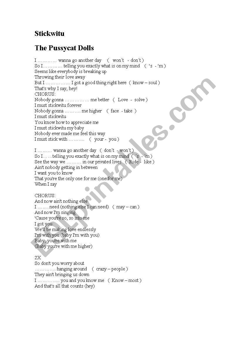 Stickwitu   song worksheet