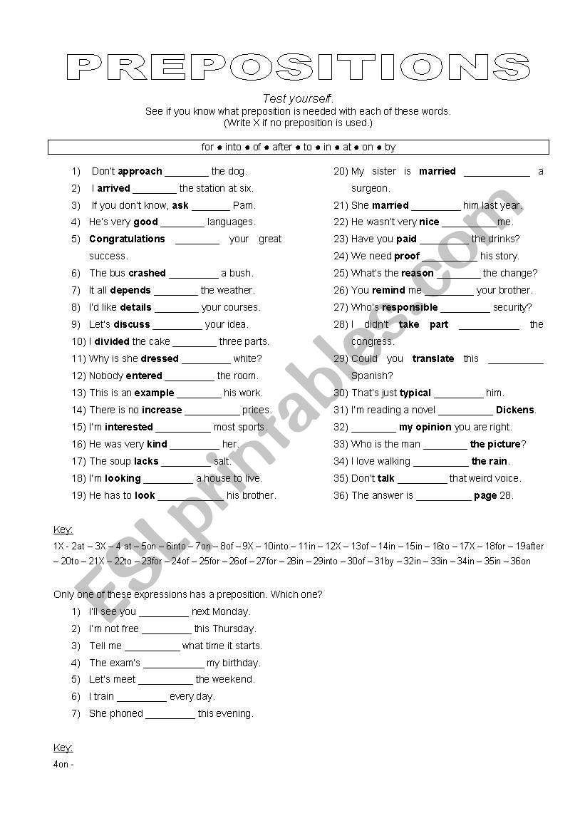 Prepositions - Test yourself worksheet