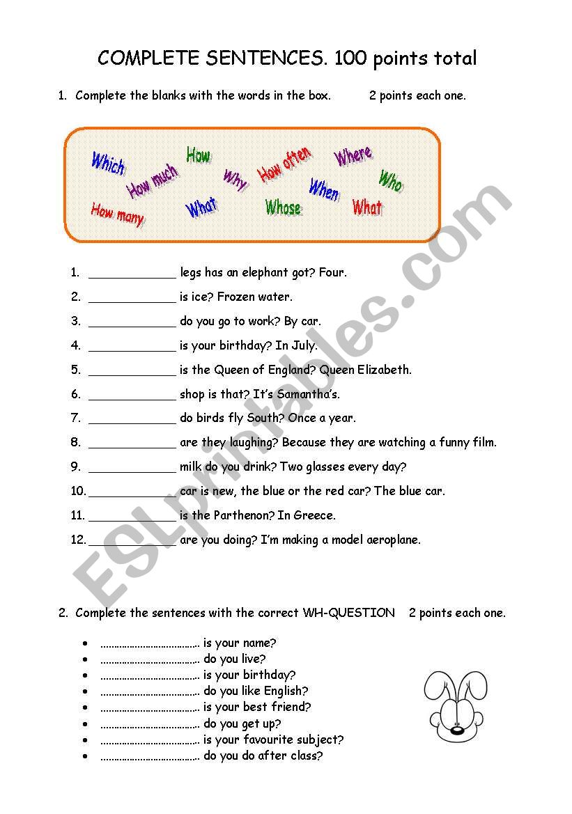 Esl Complete Sentence Worksheet