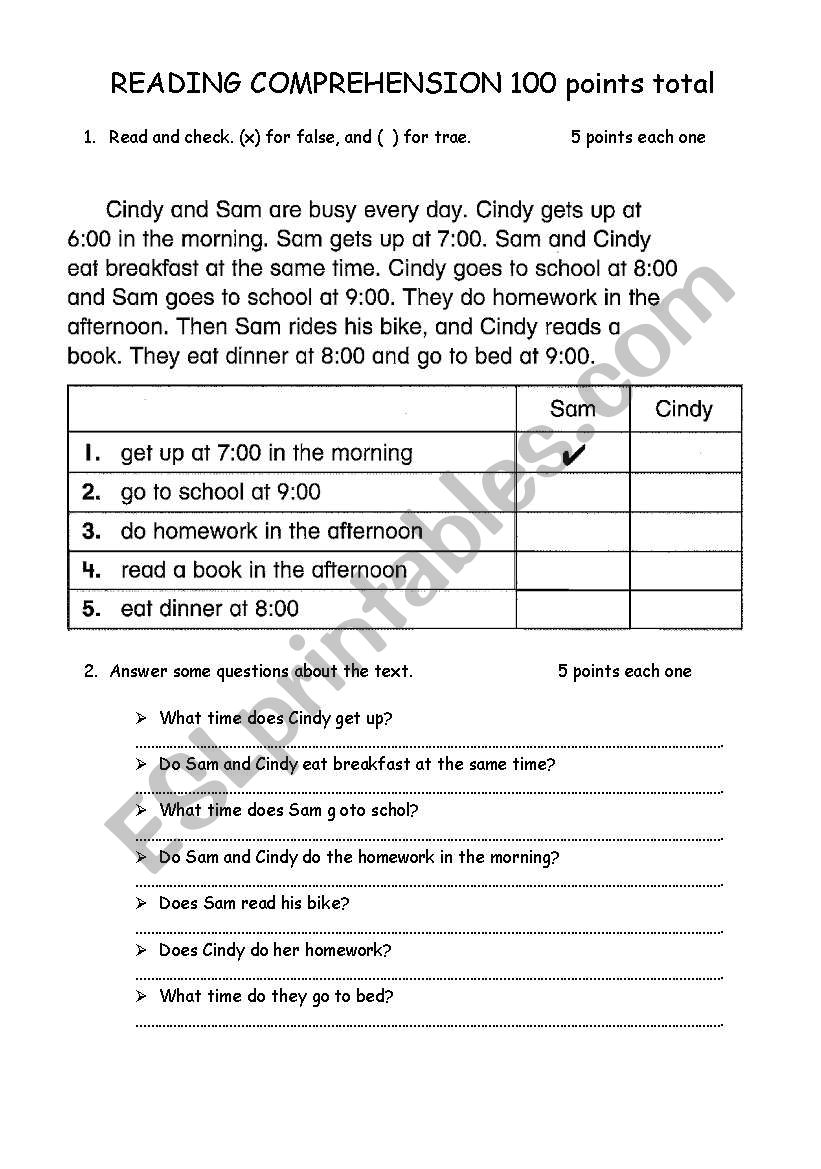 reading comprehension worksheet