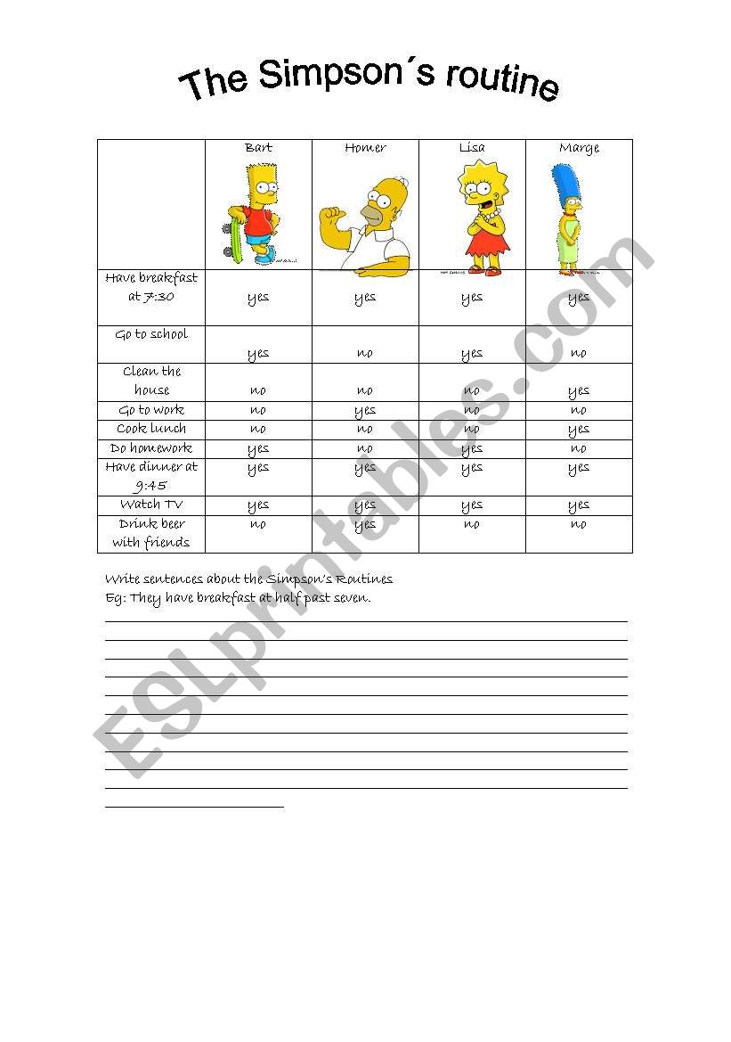 The Simpsons routine worksheet