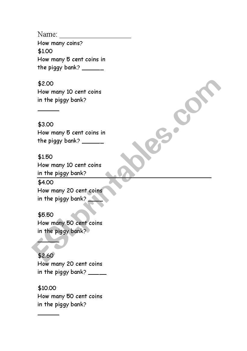 Whats in the Piggy Bank worksheet