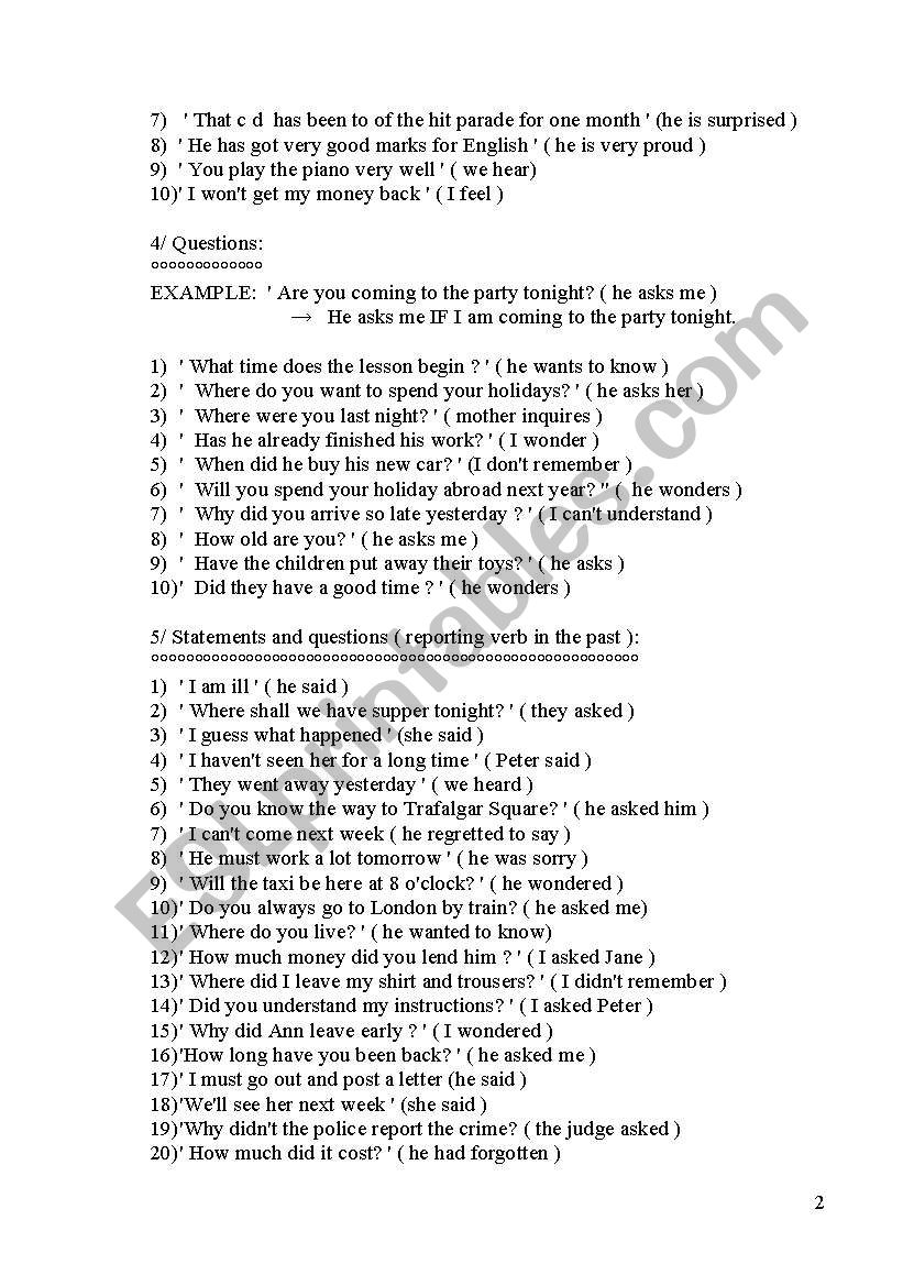 reported speech (2) worksheet