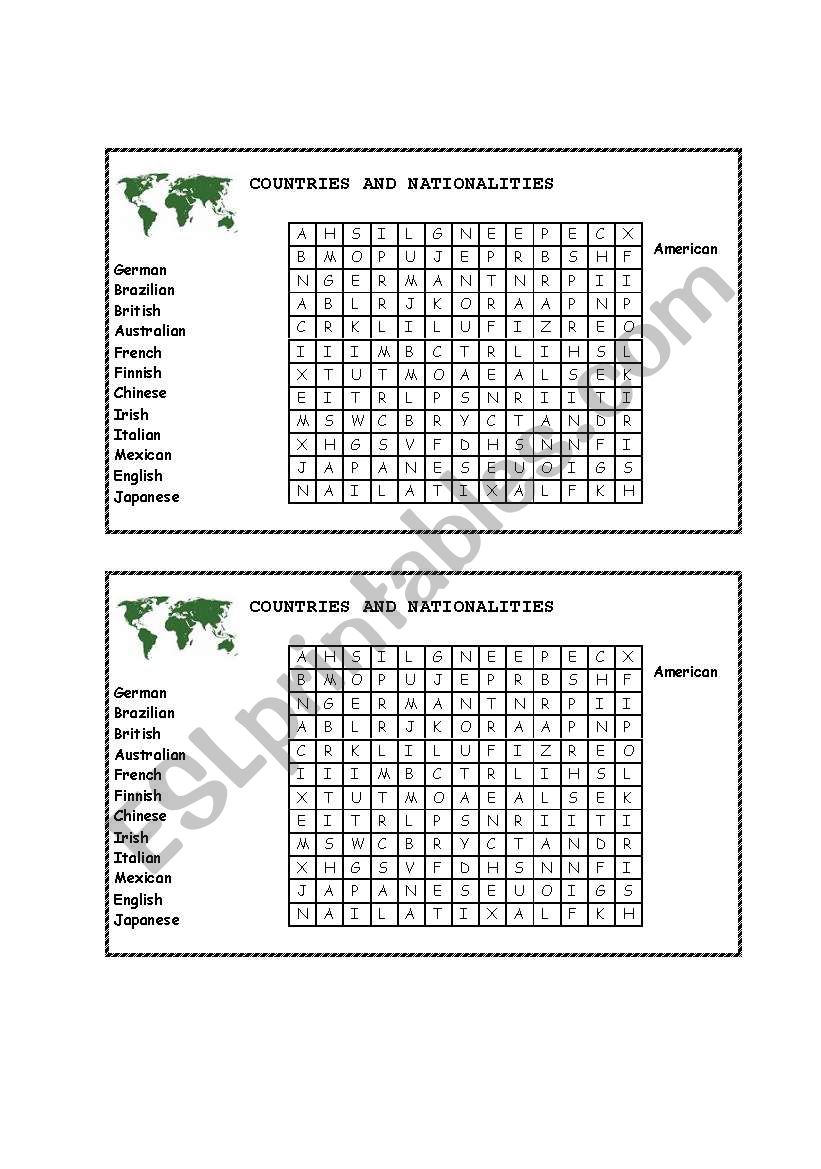 COUNTRIES AND NATIONALITIES worksheet