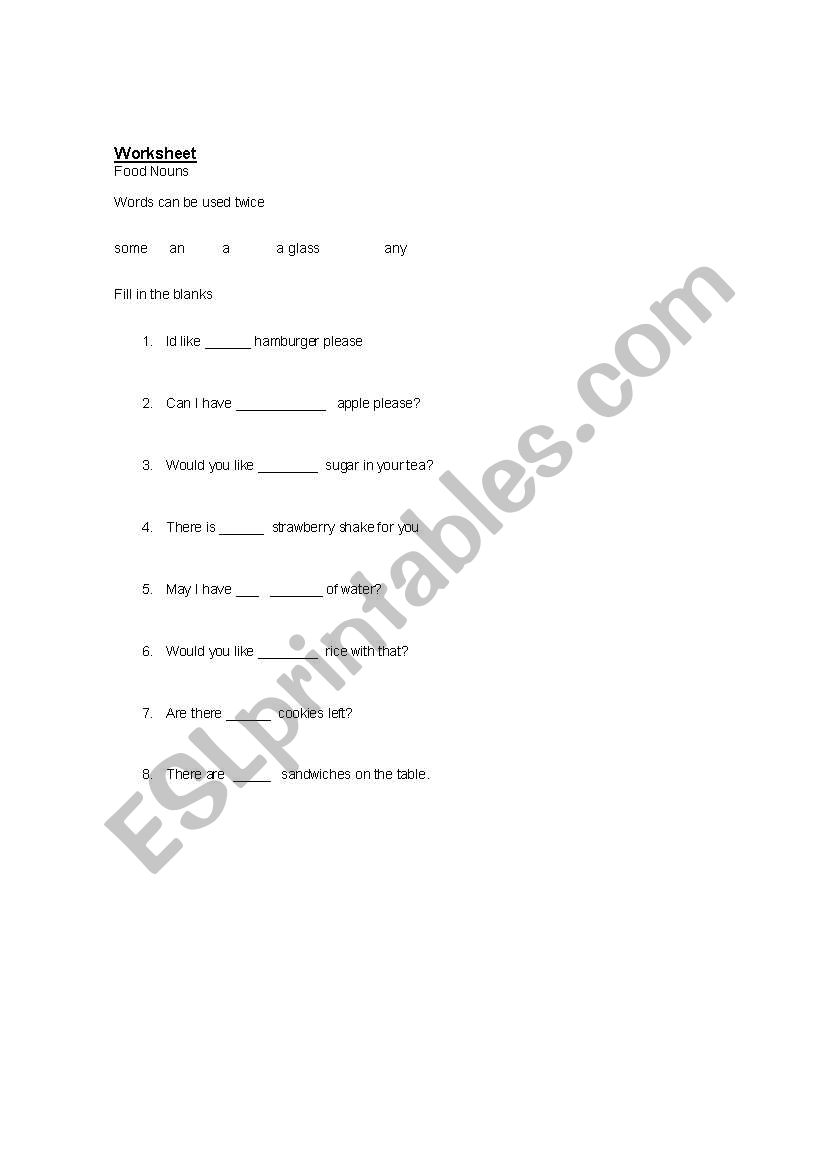 Worksheet on Countable and Uncountable Nouns