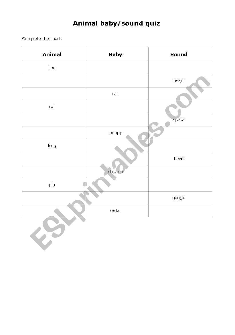 Animal/Baby/Sound quiz worksheet