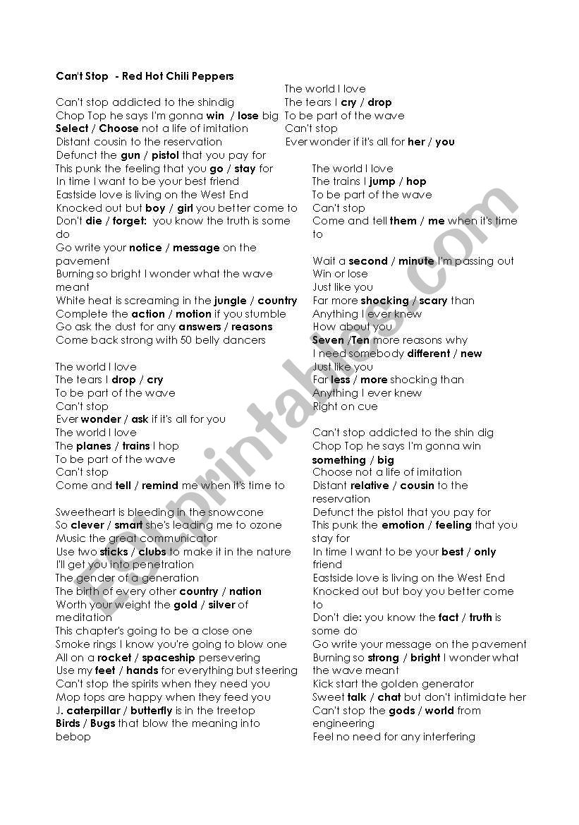 Song Lyrics Can´t Stop Red Hot Chili Peppers ESL worksheet by verybouncyperson
