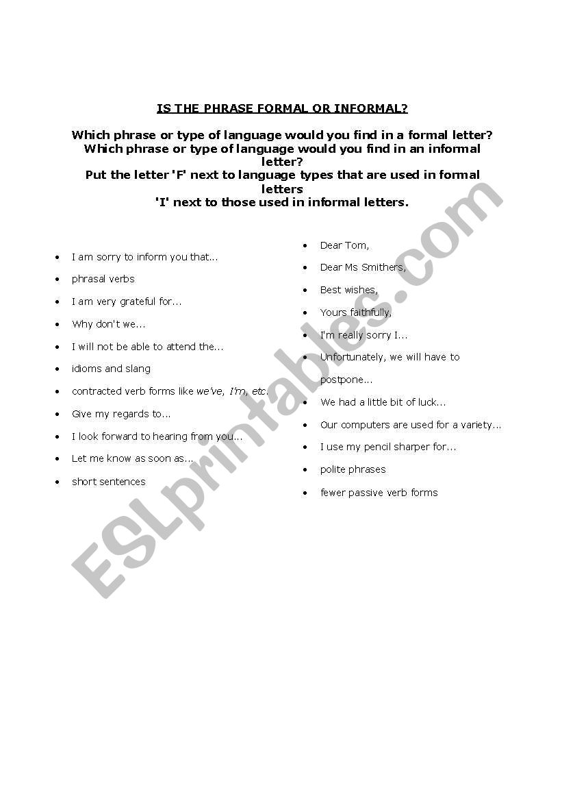 Formal and Informal Quiz worksheet
