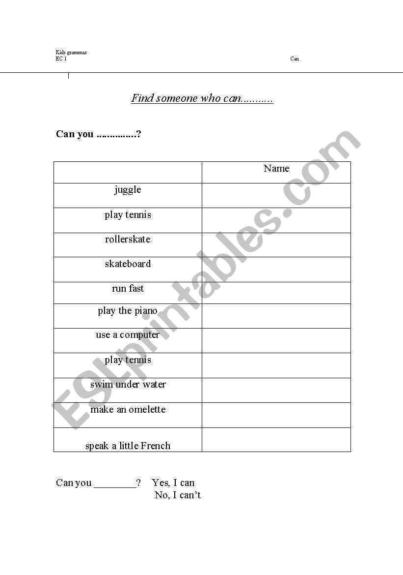 C an you questionnaire worksheet