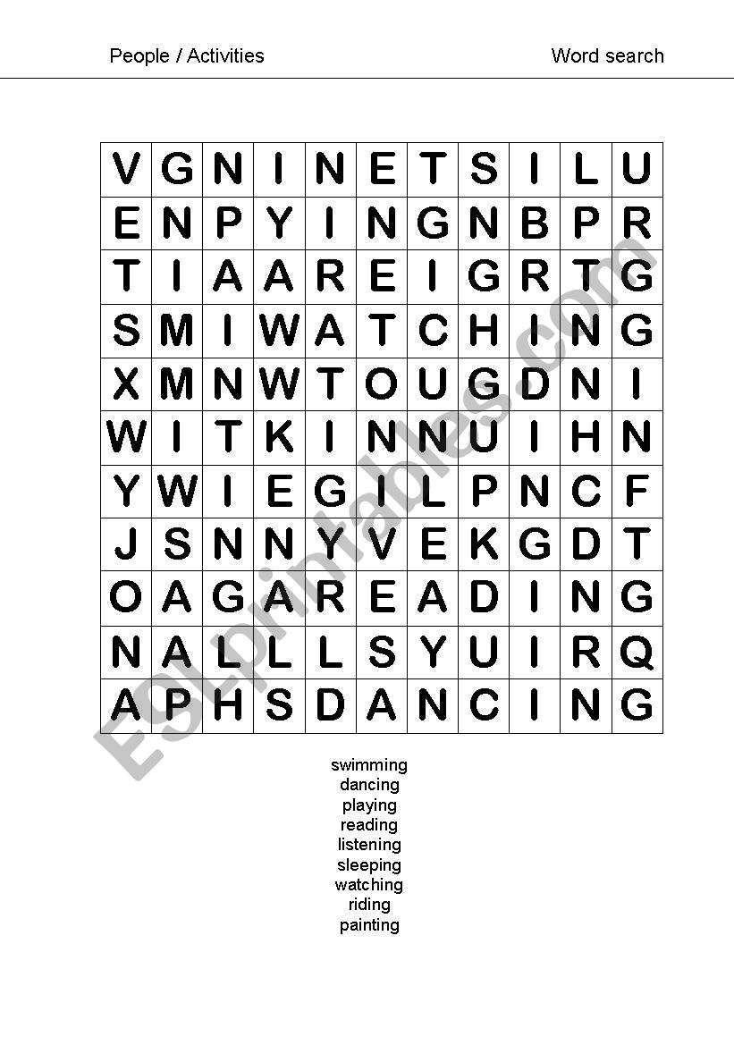 activities/actions wordsearch worksheet