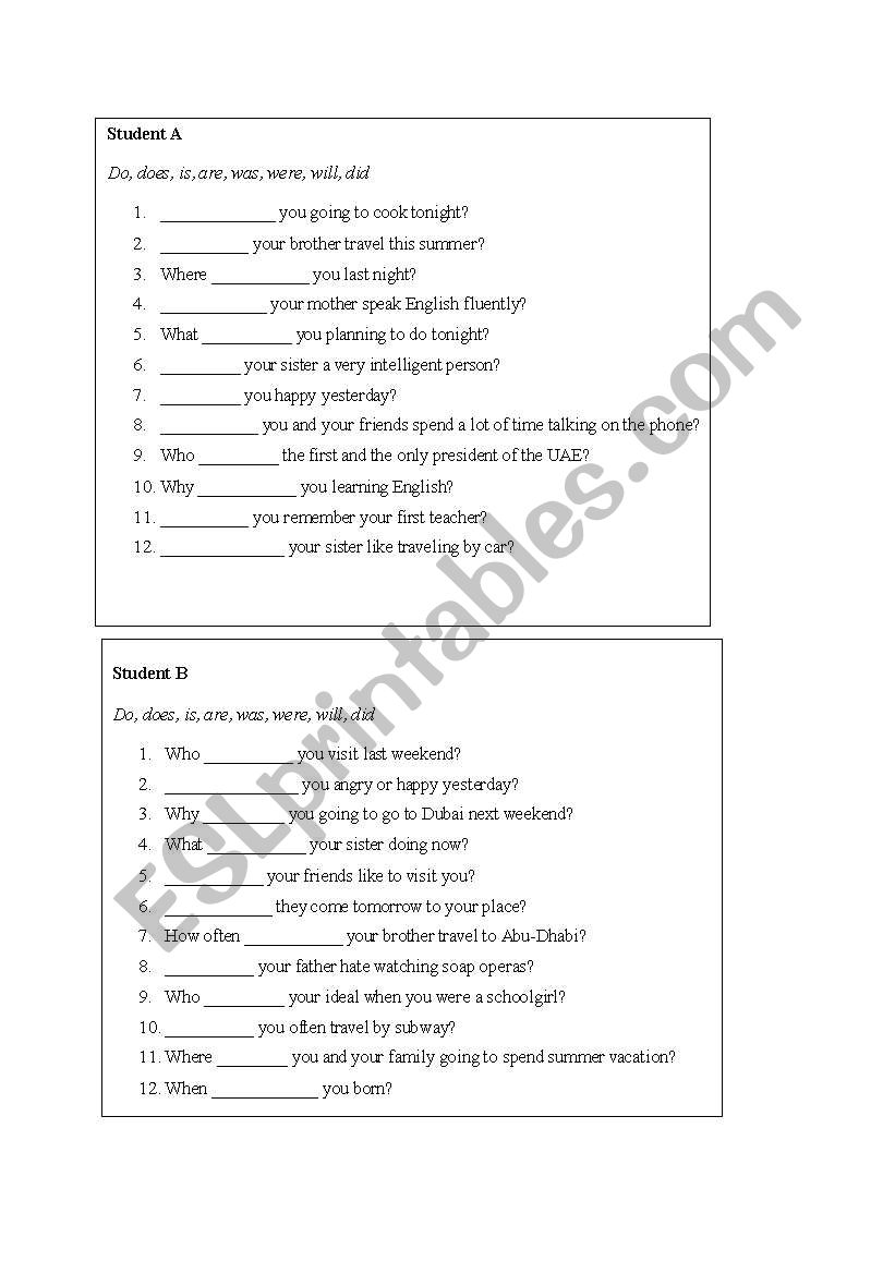 Helping Verbs revision worksheet