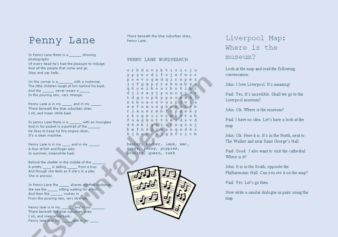 PENNY LANE ACTIVITY WORKSHEET worksheet