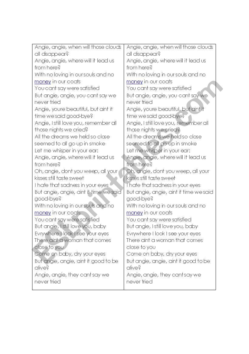 angie song worksheet
