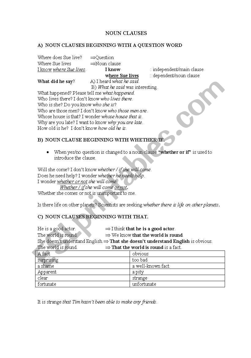 noun clauses worksheet