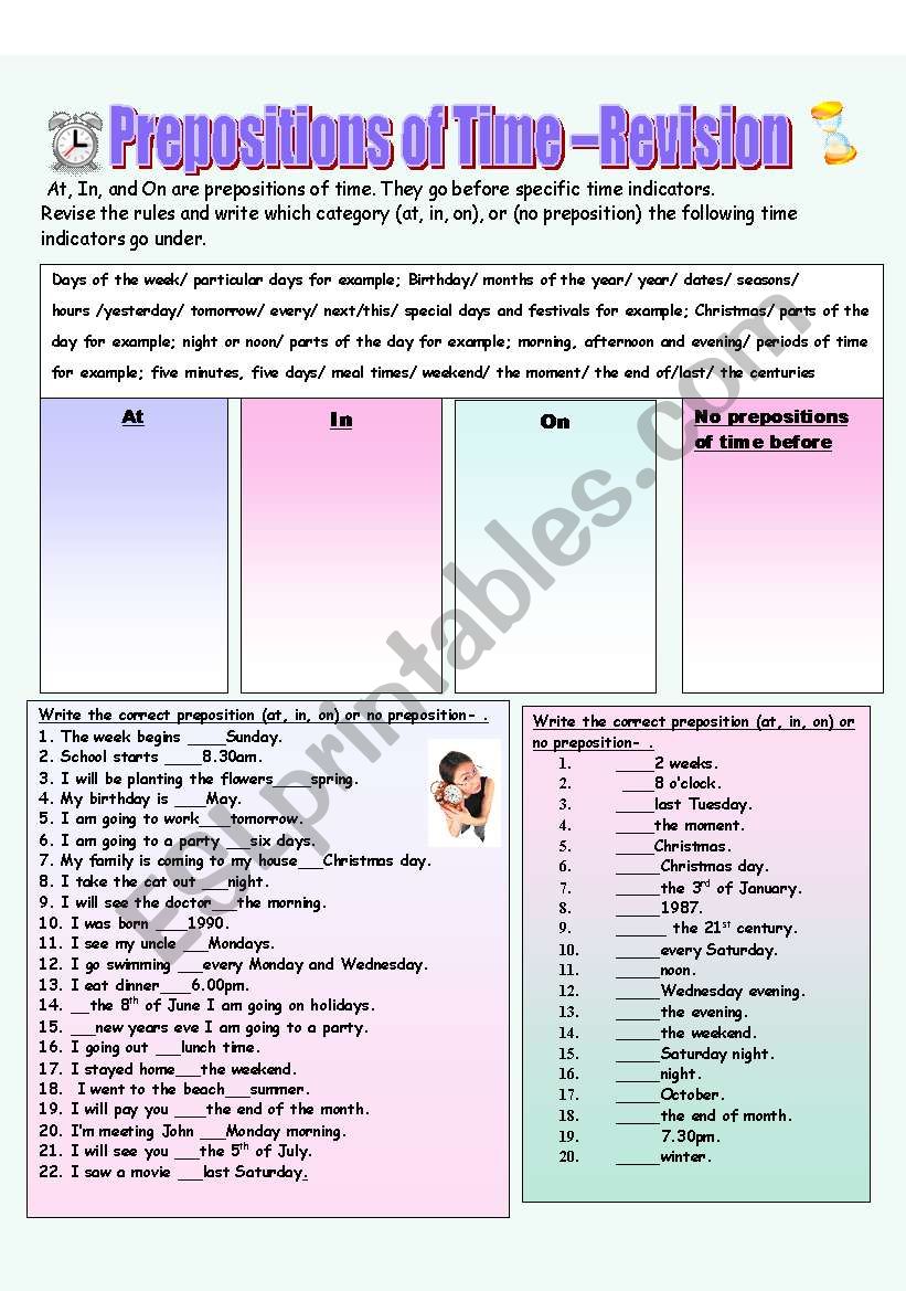 Prepositions of time Revision of at in and on