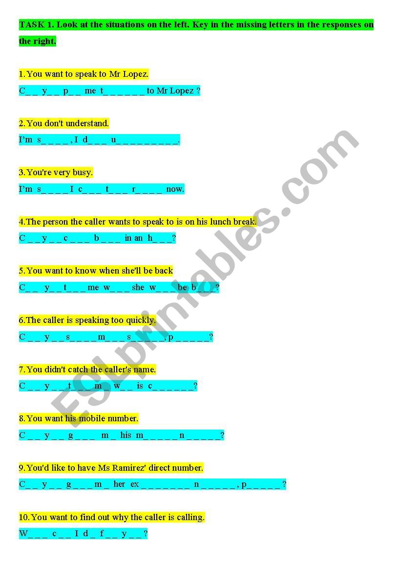 telephone expressions worksheet