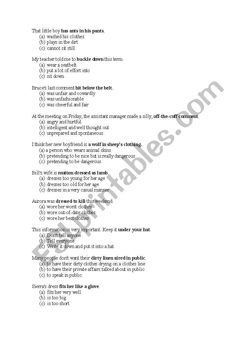 Clothes idioms worksheet