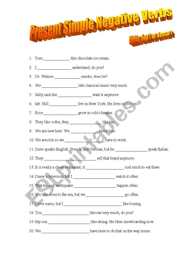 Present simple - negative worksheet