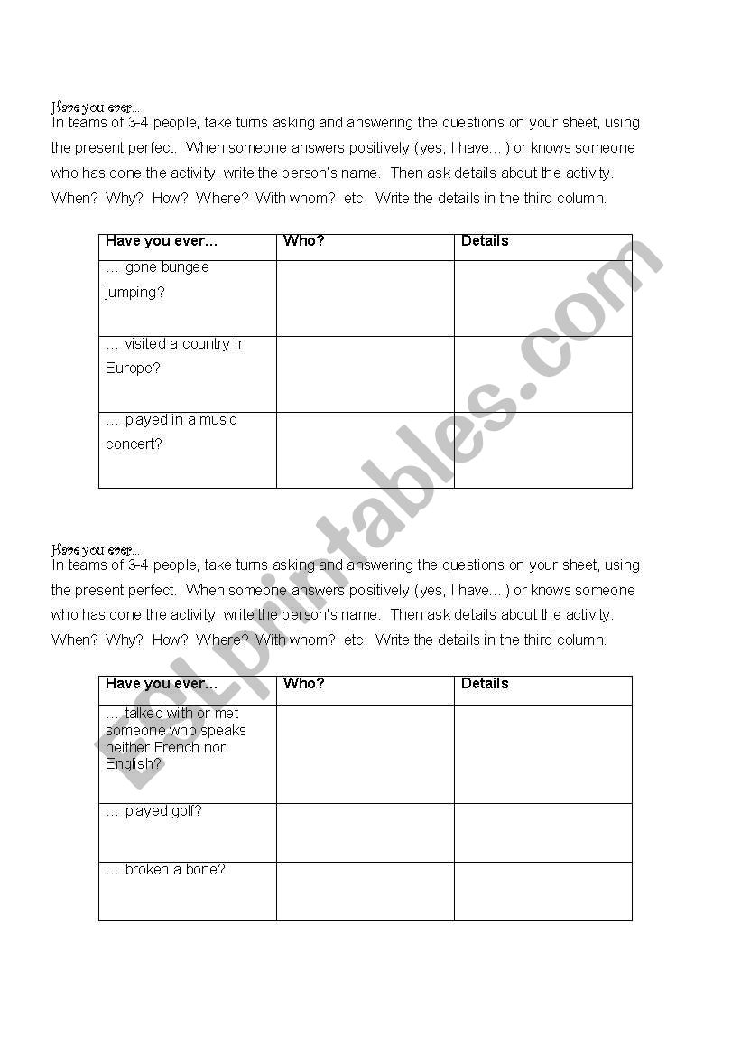 Have you ever...  ? worksheet