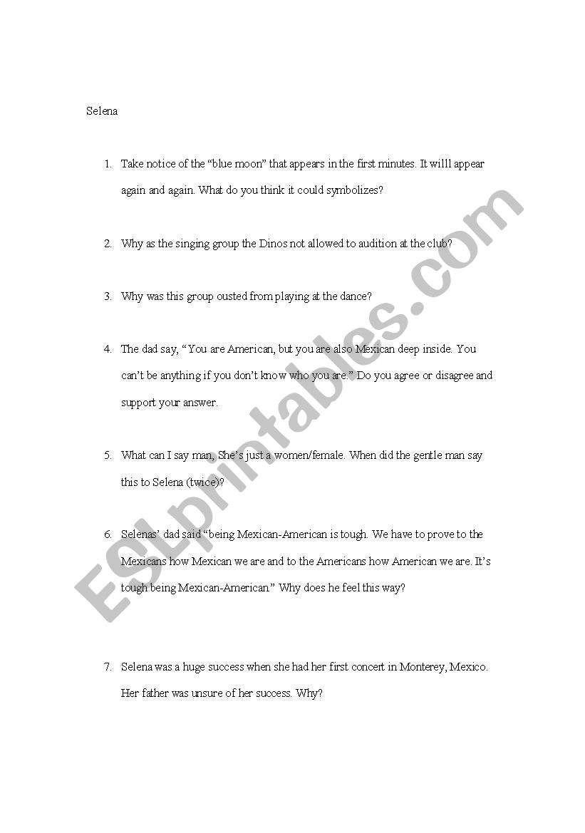 Selena Questions worksheet