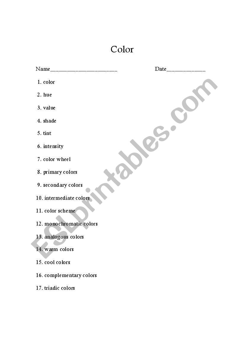 Color Vocabulary worksheet