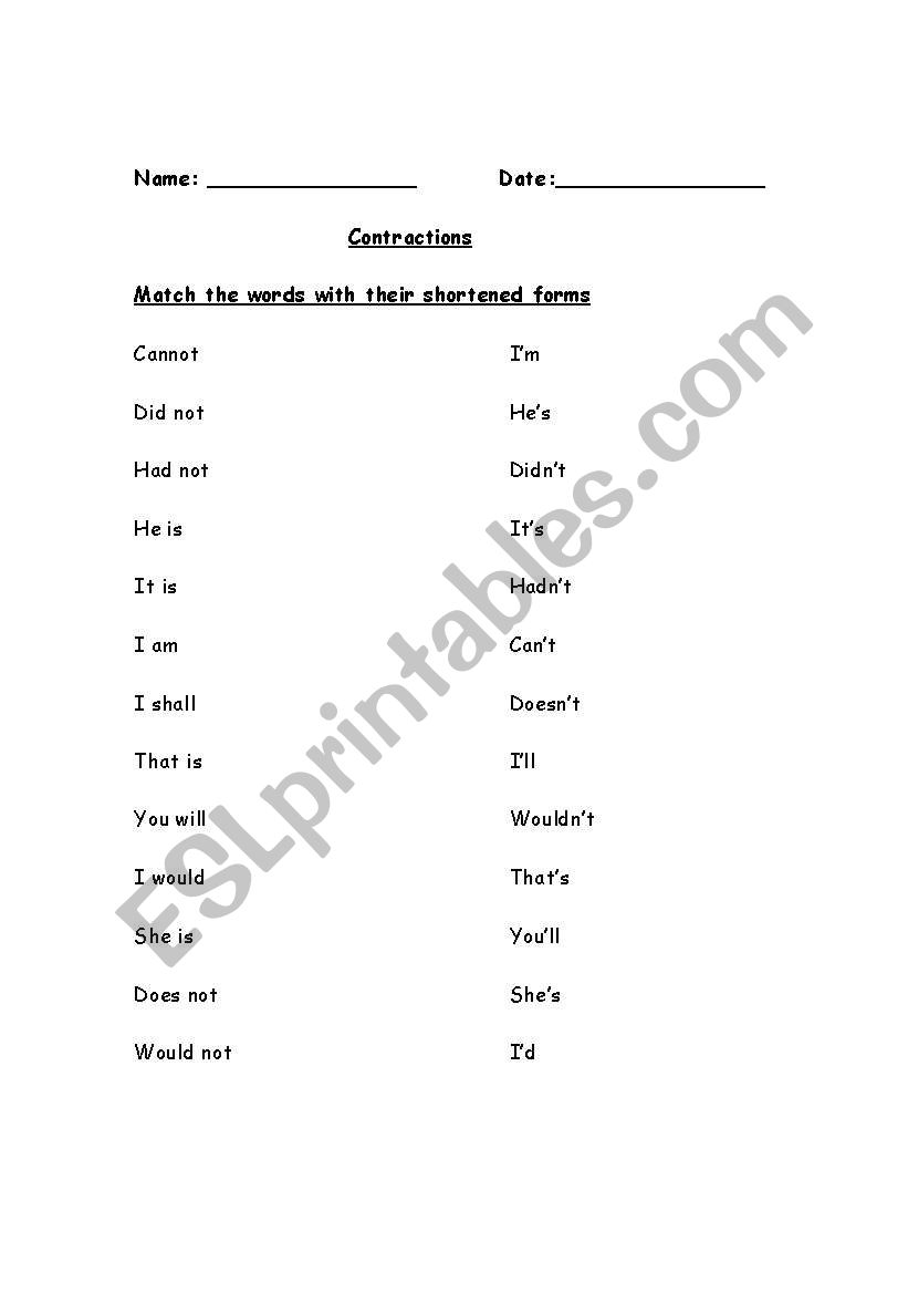 Contractions worksheet