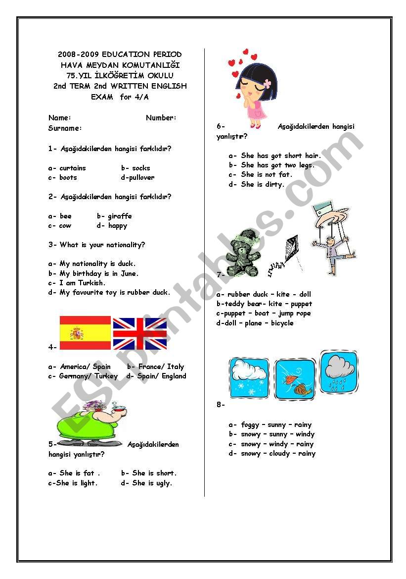 4th grade exam worksheet