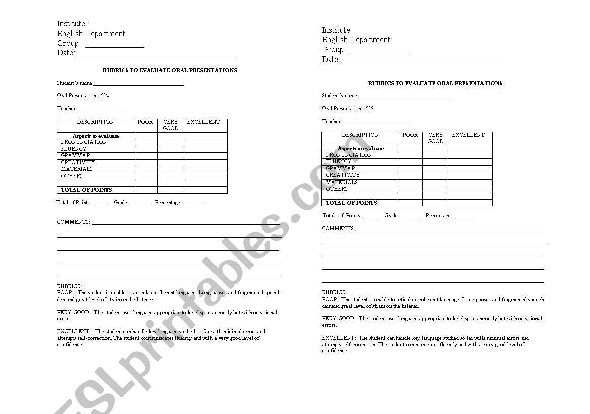 RUBRICS TO EVALUATE ORAL PRESENTATIONS