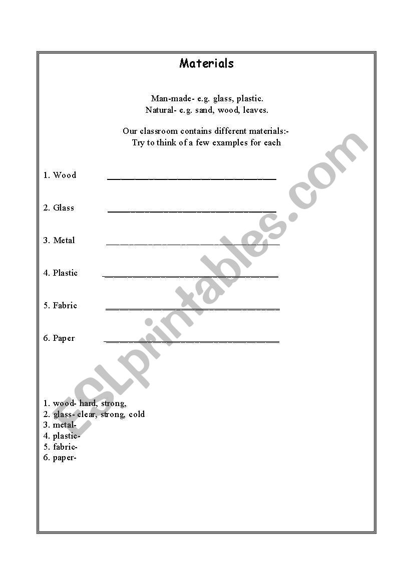 Materials worksheet