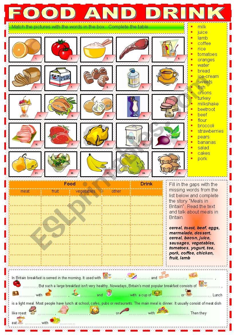 FOOD AND DRINK worksheet